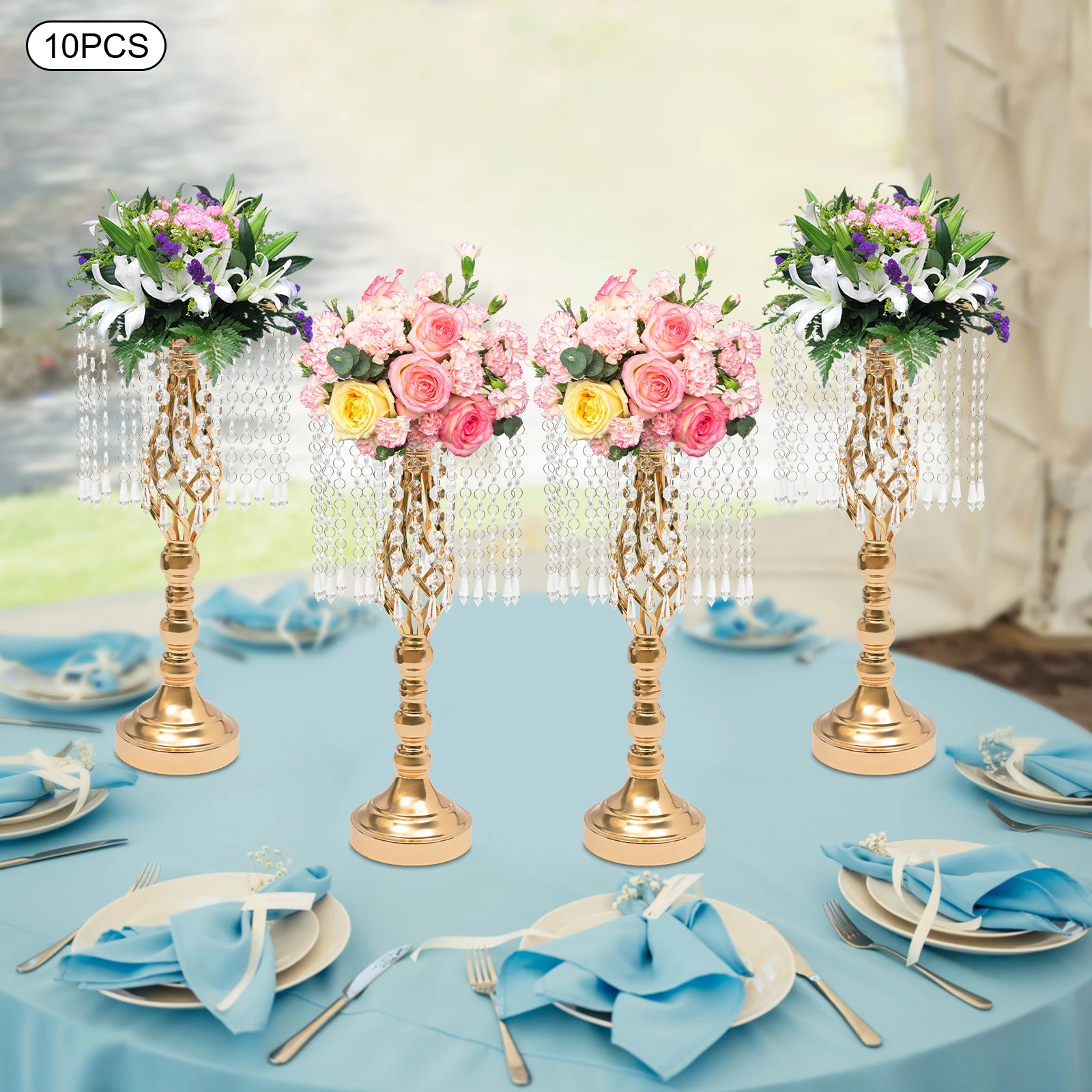 

10 Pieces 49cm Gold Vase with Crystal Tassels Banquet Table Top Decorative Flower Base High Load-bearing Display Stand