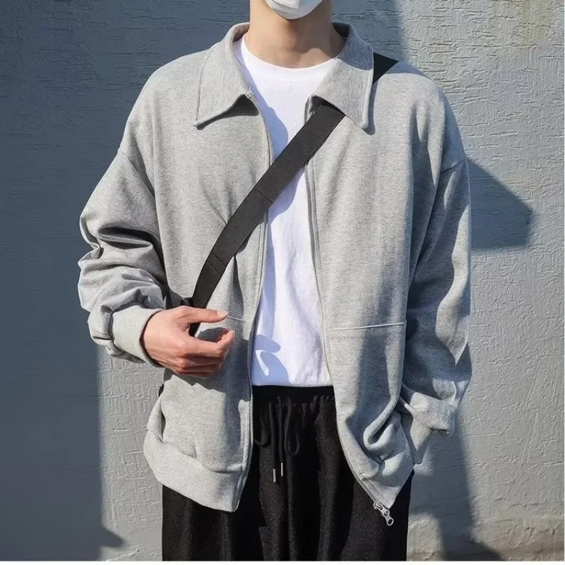 Grey Long Sleeved Cardigan Hoodie 2024 Solid Colors Loose and Trendy Korean Version Fashion Double Zippered Spring Top for Men