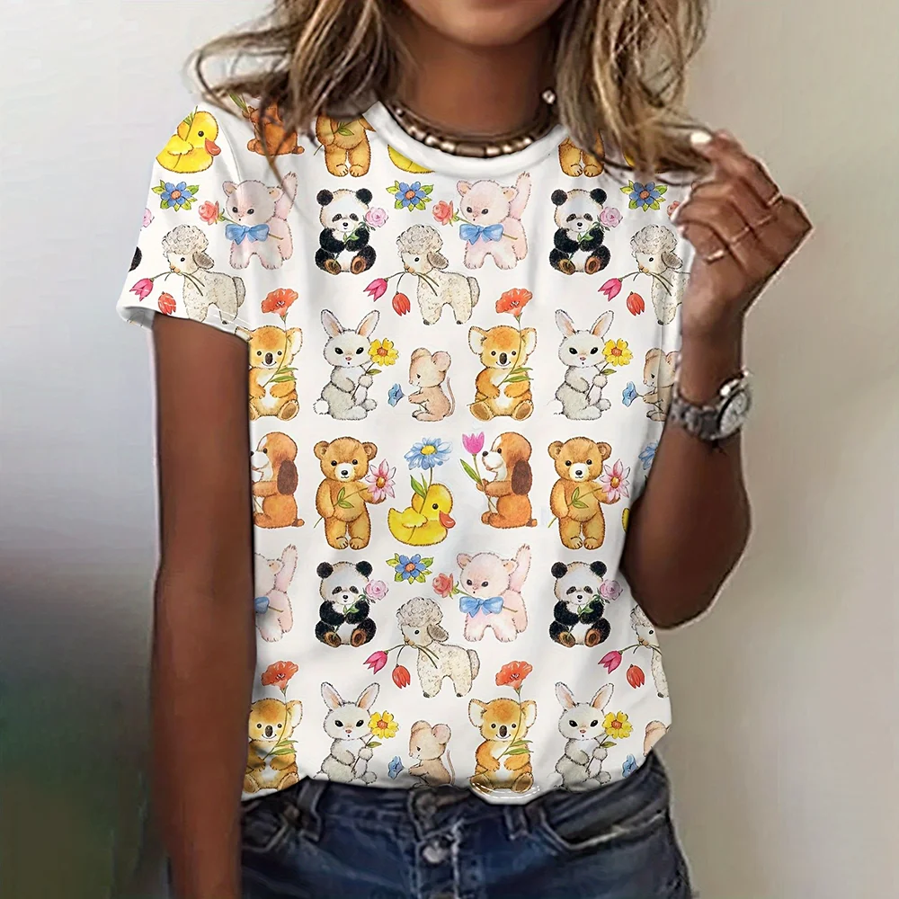 Cartoon Animal Print Women\'s T-Shirts Fashion Top Short Pullover Sleeved O-Neck Tee Shirt Female Harajuk Polyester Clothing 2024