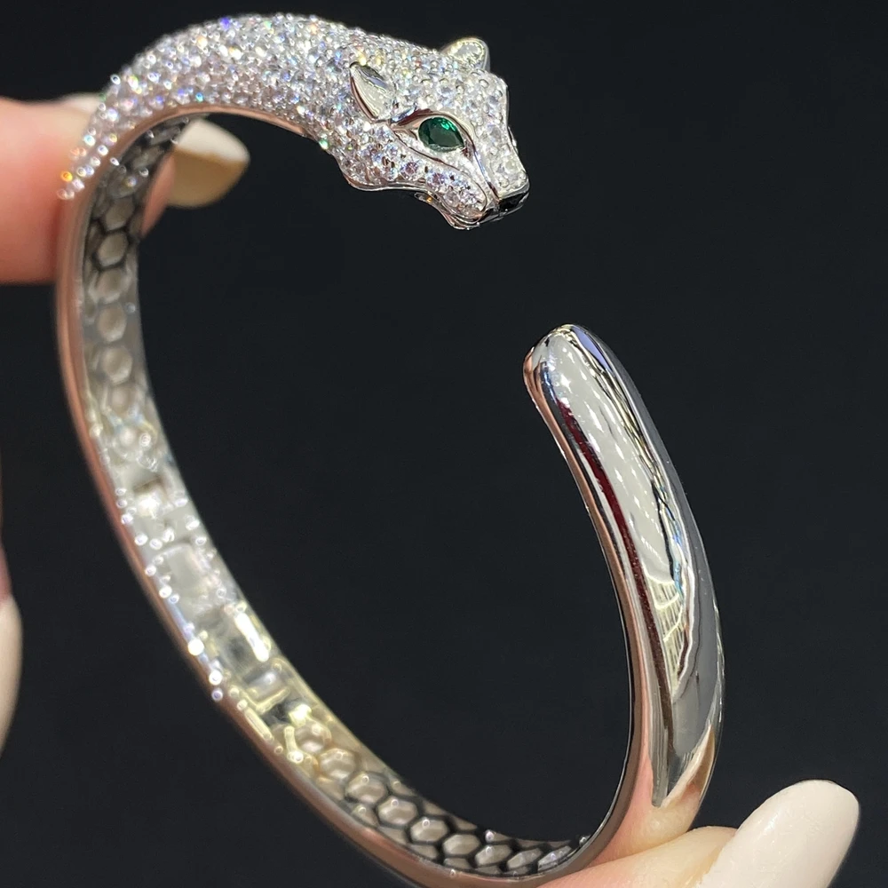 AYJEWELRY New Zircon Stone Head Leopard Bangles Bracelets Sterling Silver 925 Panther Jewelry for Women Party Gifts Wholesale