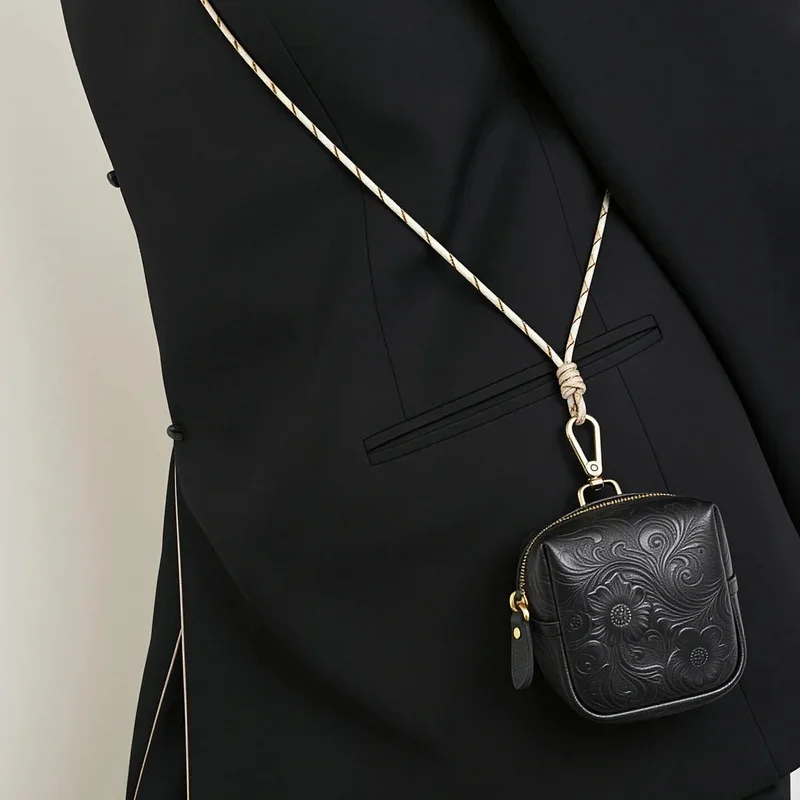 Genuine Leather Men's Wallet High Quality Retro Key Bags Handmade Small Storage Bag Headphone Pack Unisex Card Holder Purses