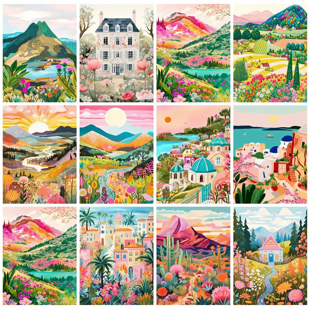 Momoart Mountain Painting By Numbers On Canvas Landscape Arts Crafts Farm Oil Painting Flower House Decor For Home