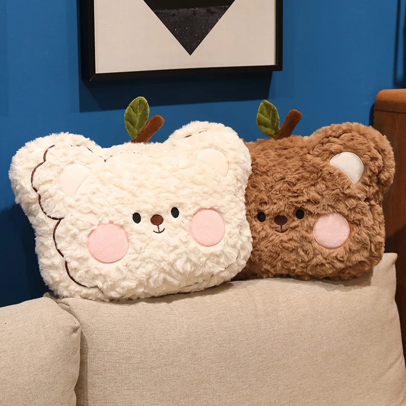 2 Colors Cute Apple Shaped Bear Plush Pillow Soft Curly Fluff Hand Embroidery Blush Cheek Bear Face for gifts.