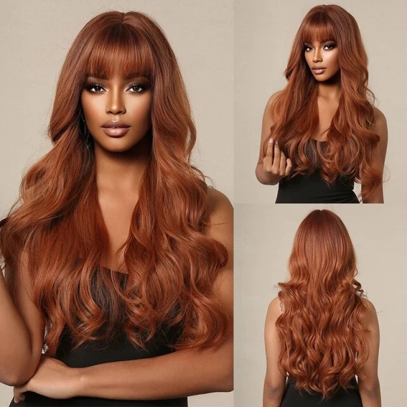 

Длинные волнистые рыже-коричневые синтетические парики с челкой оранжево-желтые волосы для женщин