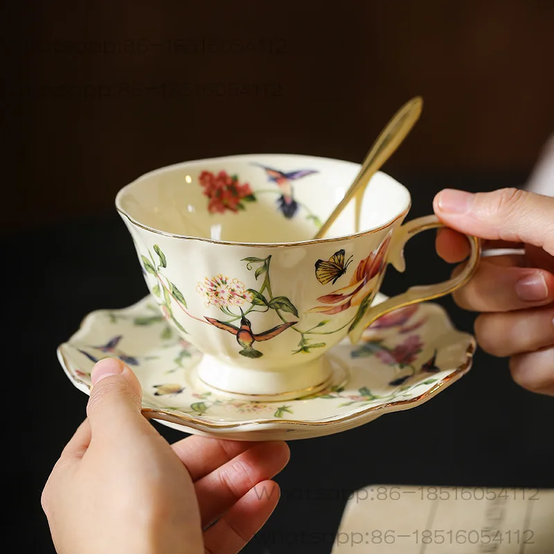 Western style luxury coffee cups and plates Vintage ceramic cup with gold border flower and bird Household afternoon tea mugs