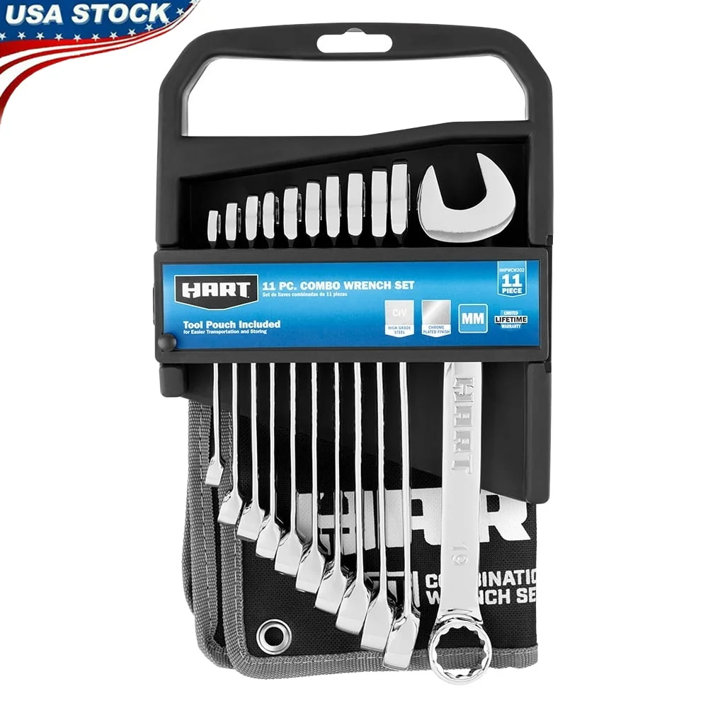 

11 Piece Combination Wrench Set Chrome Vanadium Steel Durable Rust Resistant Tool Pouch Automotive Plumbing General Purpose