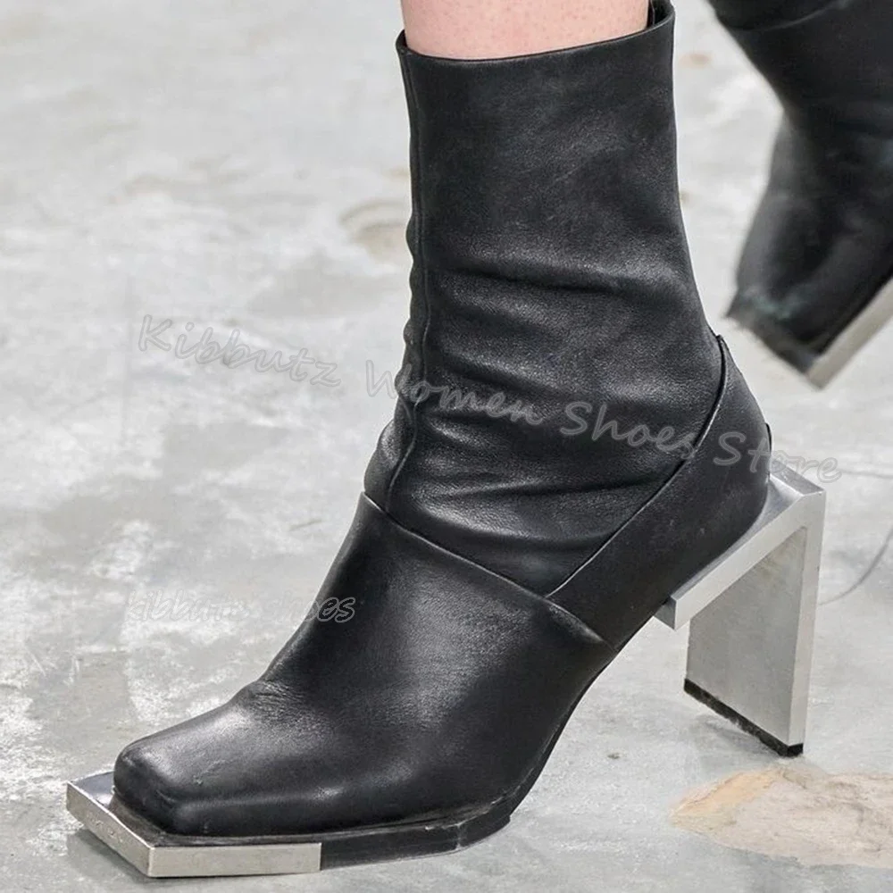 

Square Iron Toe Knee High Boot Metal Heel Solid Black Luxury Leather Side Zipper Sexy Concise Fashion Novelty Women Shoes Newest