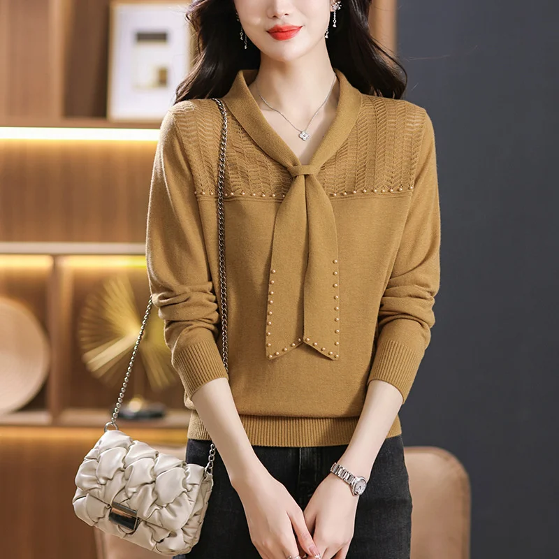 

2024 Spring Autumn Korean Fashion New Loose V-Neck Bow Knot Women's Sweater Pullover Bottoming Shirt Knitwear Female Jumper Tops