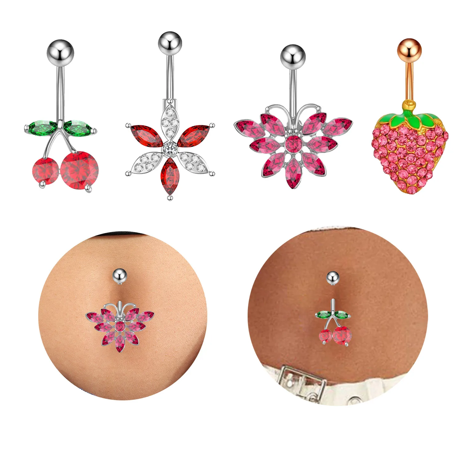 Flower Belly Ring Button Ring Cherry Navel Ring Belly Bar Navel Jewelry Bell Button Ring Belly Navel Body Piercing