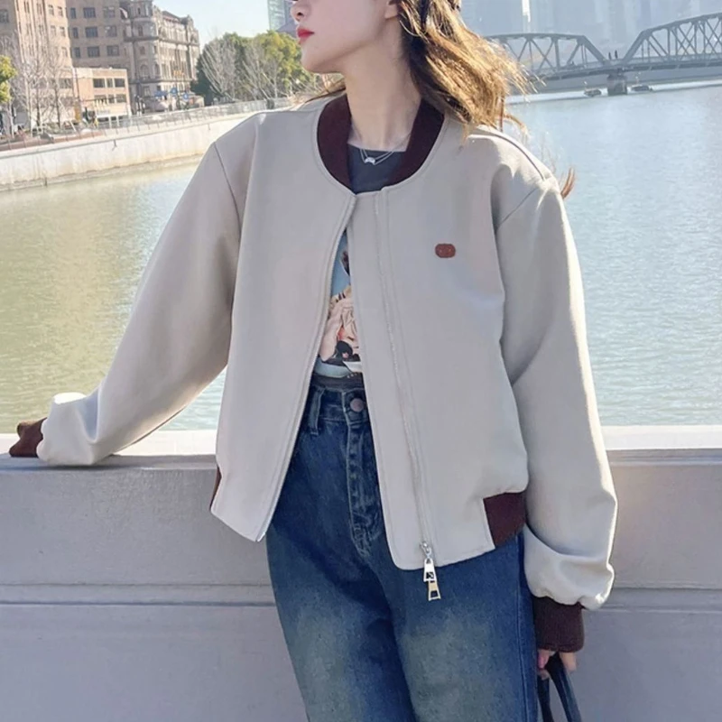 Panelled Jackets Women Ulzzang Sweet Vintage Autumn O-neck College Fashion Coats Harajuku Crop Cool Boyfriend Designed All-match