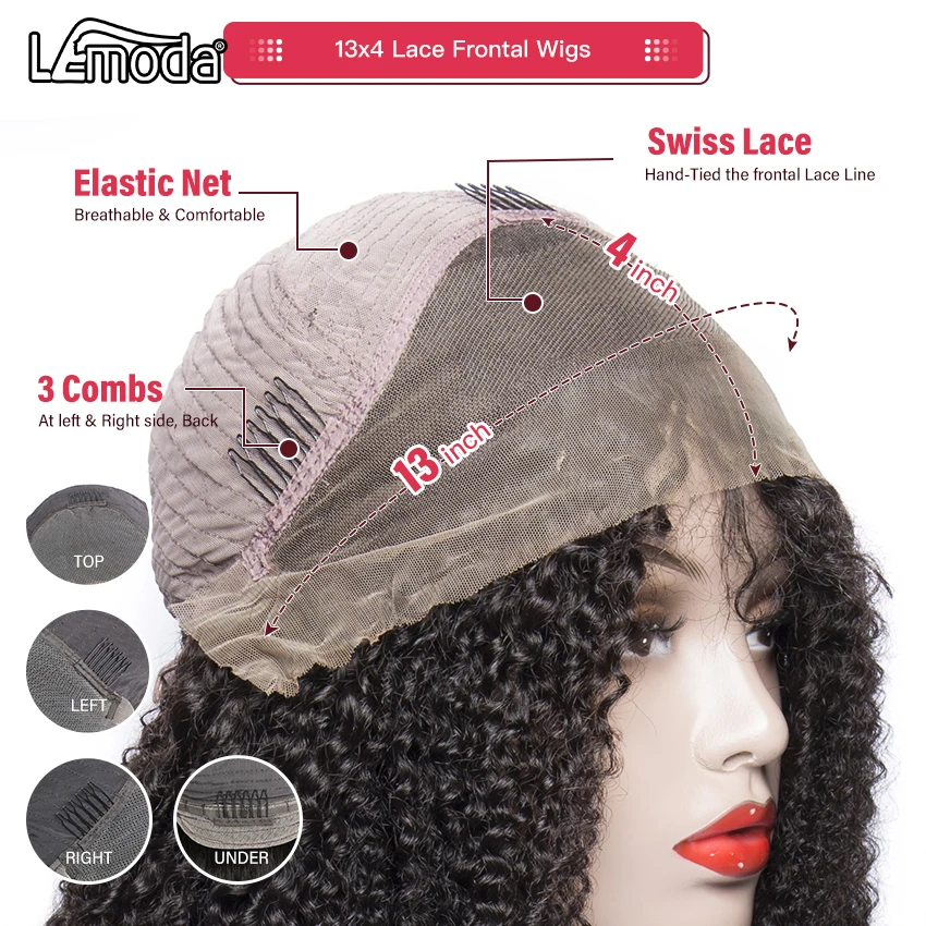 Lemoda-Peluca de cabello humano rizado mongol para mujer, postizo de encaje Frontal 13x4 HD, densidad de 150, 180, transparente