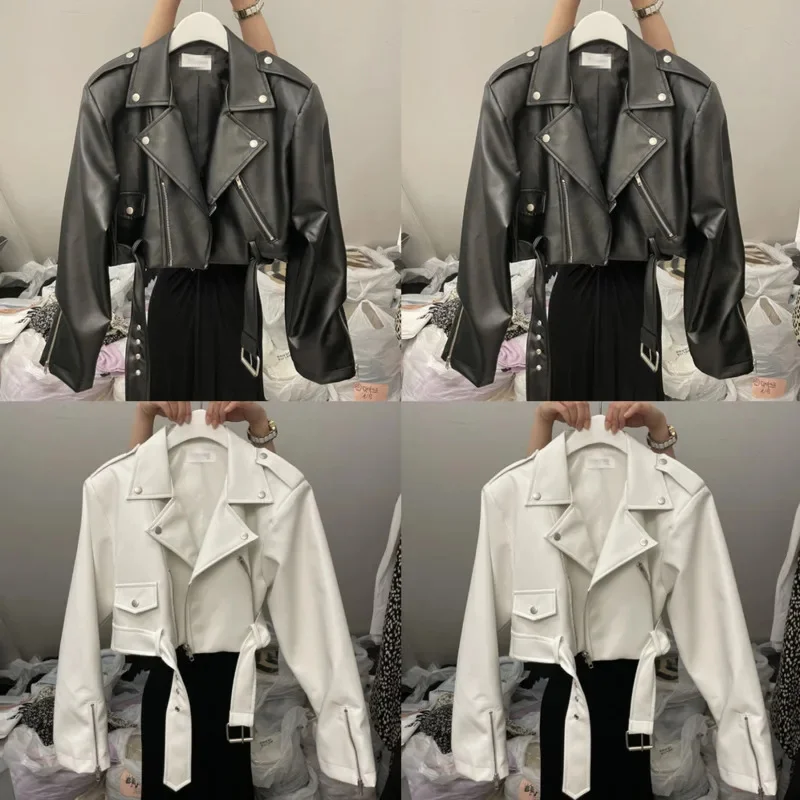 Motorcycle PU Leather Jacket Women Y2K Maillard Jacket Fashionable Lapel Slim Long Sleeves Montage Leather Jacket Top Coat New