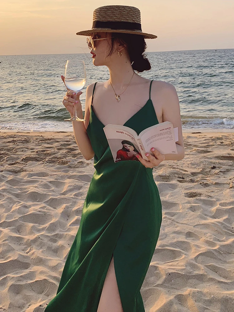 

Женское пляжное платье с V-образным вырезом, длинное пляжное платье для отдыха, корейское зеленое сексуальное платье с лямкой на шее, лето