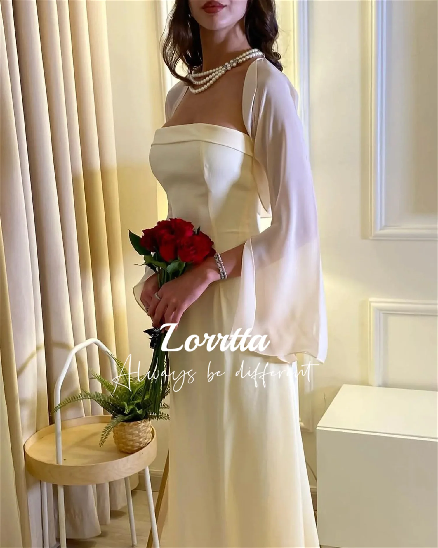 

Lorrtta Elegant Dubai Prom Dress Saudi Arabia Chiffon Strapless Ankle Length Evening Gown With Jacket Long Sleeves فساتين طويلة