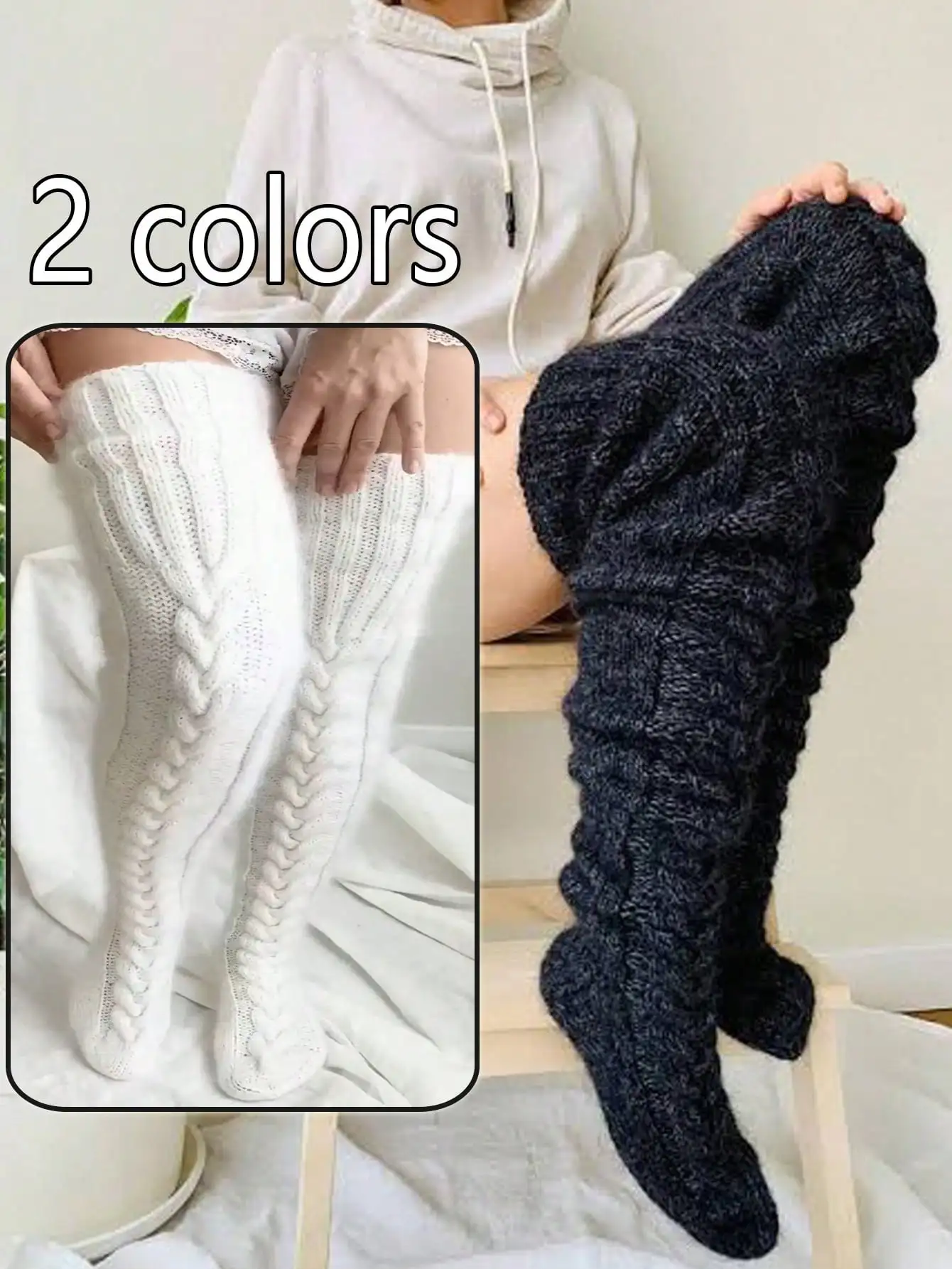 

Knitted Knee High Socks for Women, Plus Size, Warm & Cozy, Cable Knit Design, White/Black, Autumn Winter Fashion