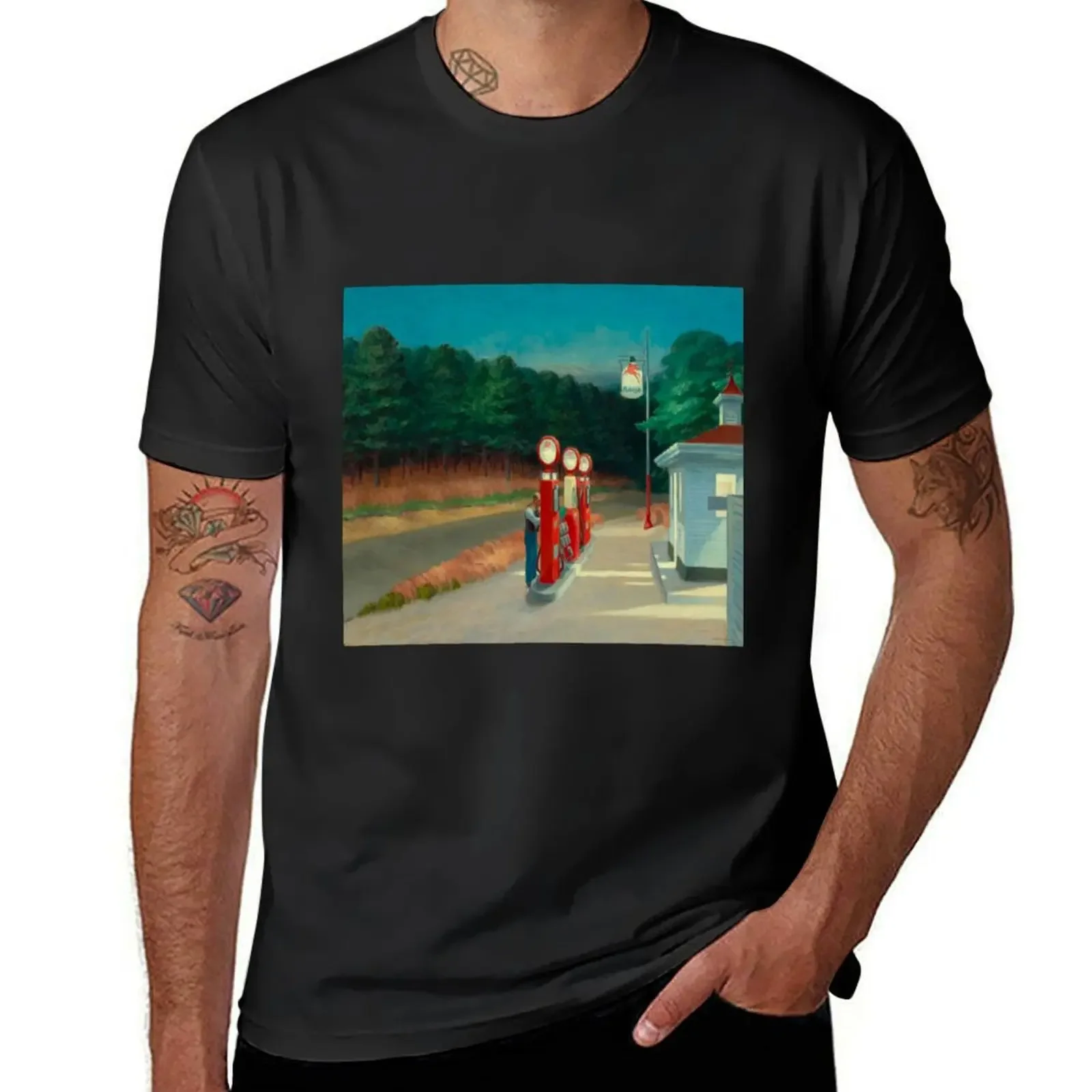 Edward Hopper - Gas, Art reproduction T-Shirt summer top man t shirt boys animal print anime clothes outfits for men