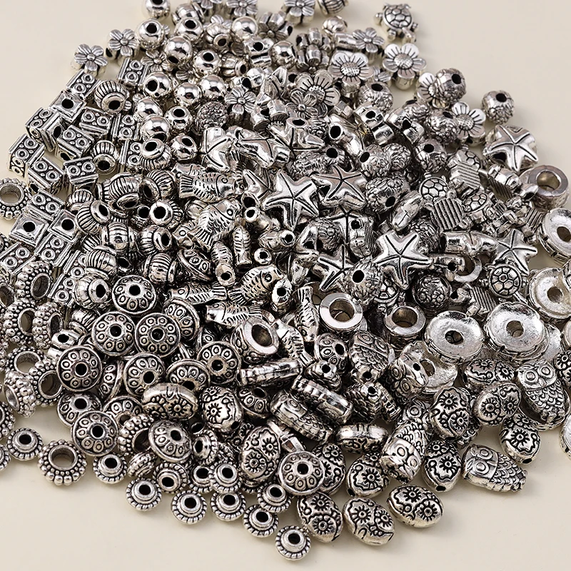 Leslie 50pcs Tibetan Antique Silver Color Metal Beads Animal Flower Round Spacer Beads for Jewelry Making DIY Bracelet Necklace