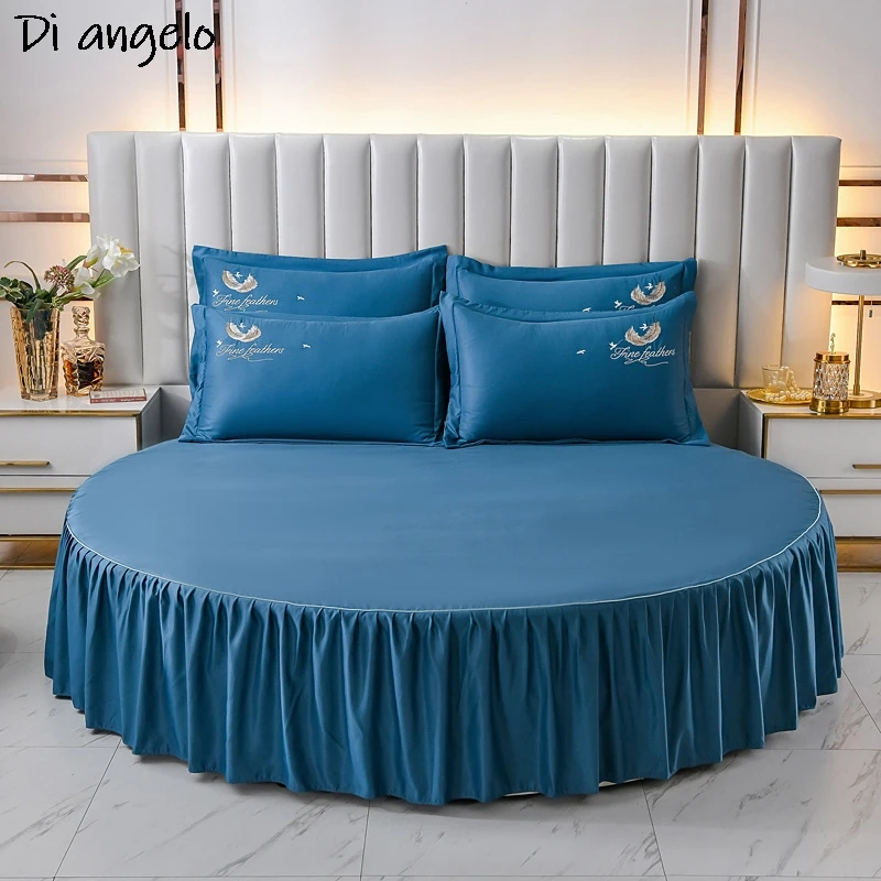 New Style Round 4Pcs Bed Skirt Fitted Sheet Duvet Cover Pillowcase Romantic Solid Color Embroidery Washed Easy Bedding Set #SW