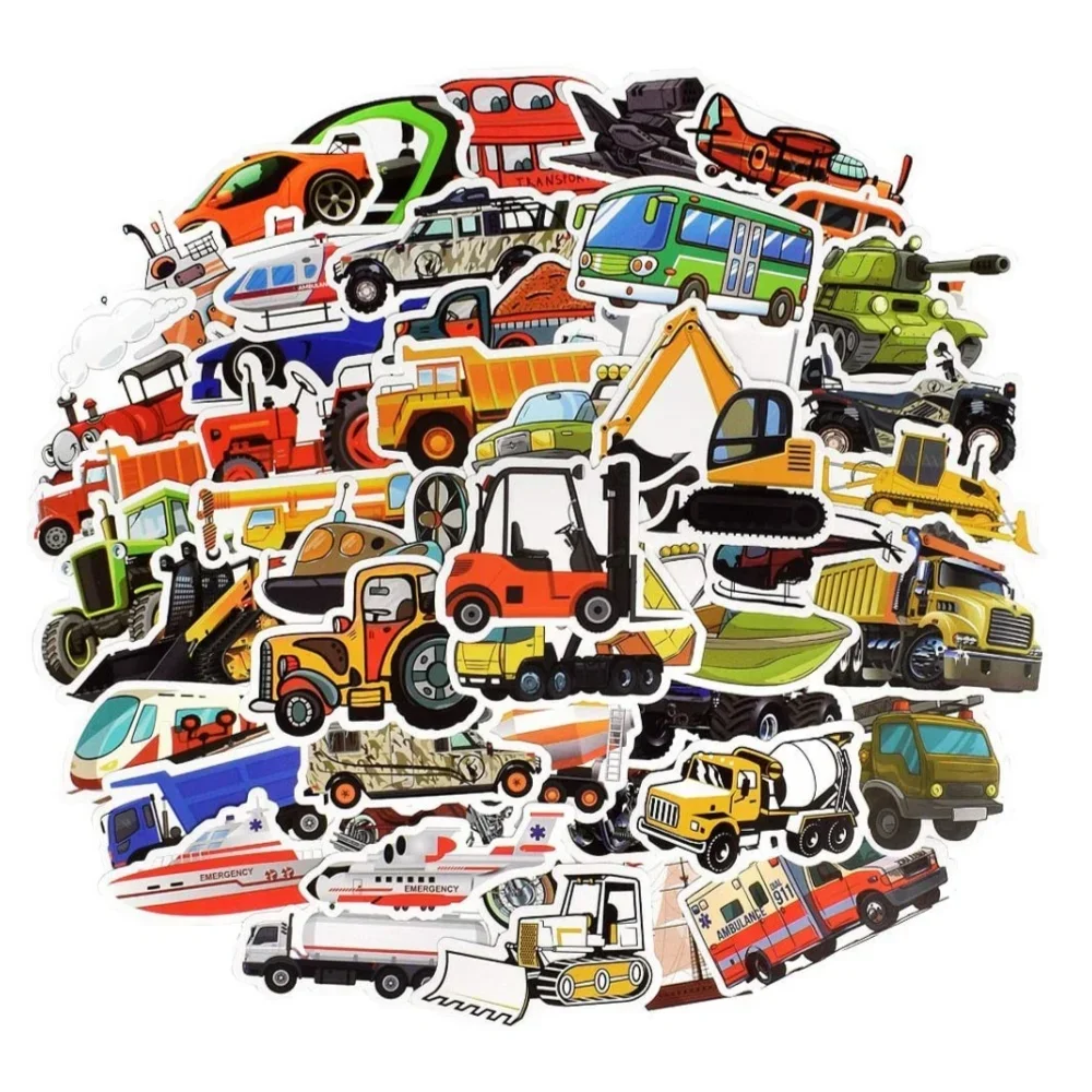 50PCS  Truck and Cars Stickers for Kids Boy Construction Stickers  Train Airplane Tractor Boat Fire Truck and Race Car Stickers