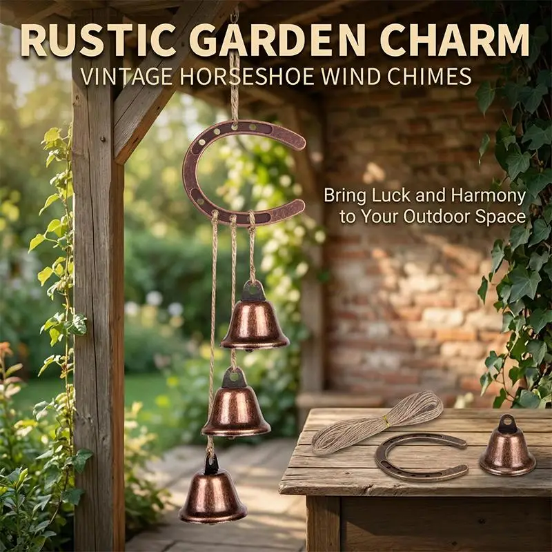 Vintage Horseshoe Wind Chime with 3 Bells Handmade Rustic Iron Horse Decor for Door Porch Wall Hanging