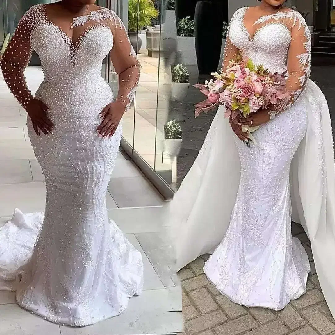 Personalizado brilhante pérolas contas vestido de casamento robe de mariee espartilho volta mangas compridas vestidos de noiva com trem destacável