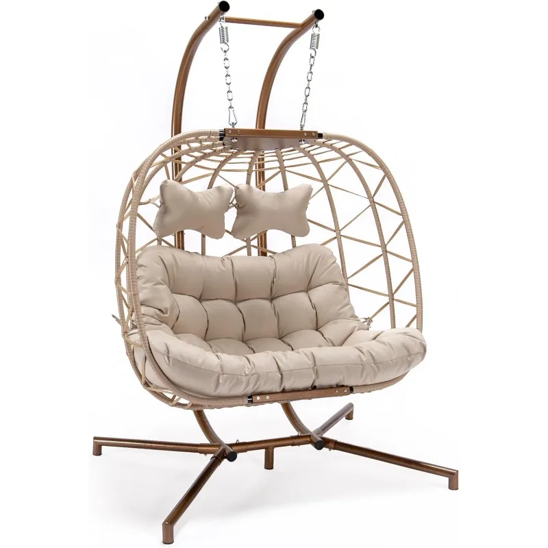 كرسي على شكل بيضة متأرجحة مزدوجة مع حامل، مقعد كبير جدًا لشخصين للاستخدام الداخلي والخارجي، سلة معلقة كبيرة الحجم للفناء #5