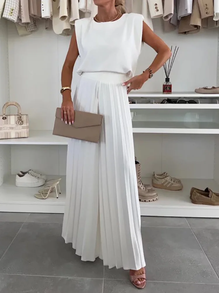 여름 여성 넓은 다리 바지 두 조각 세트, 휴일 솔리드 패치 워크 간단한 복장, 새로운 O 넥 민소매 숙녀 정장 streetwear