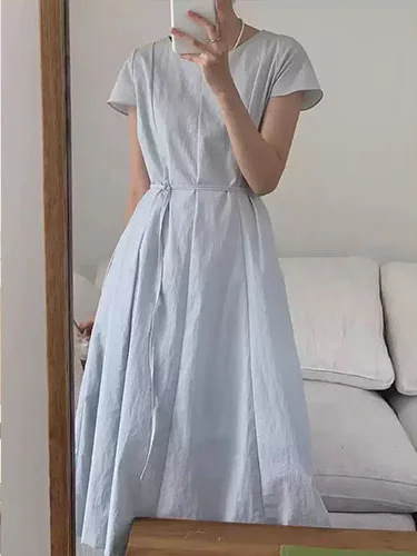 

Ele Blue irt Sle Dr Women's Summer New Slimming A-Line Long Skirt High Waist Design ort Sve Commute Faion