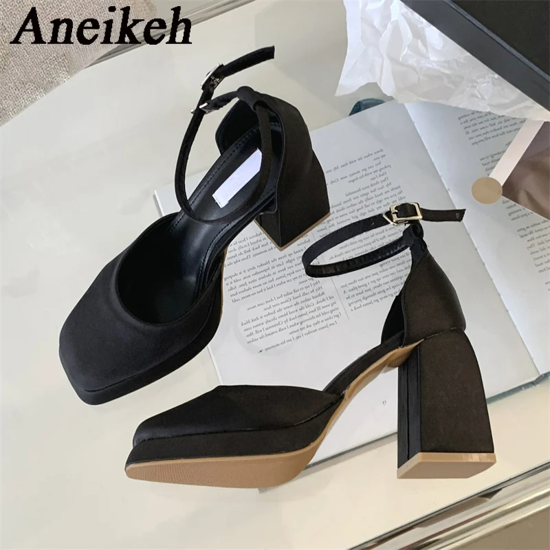 Aneikeh2024 Elegant Sexy Silk Mary Janes High Heels Women Platform Square Head Thick Heel Buckle Strap Single Shoe Wedding Dress