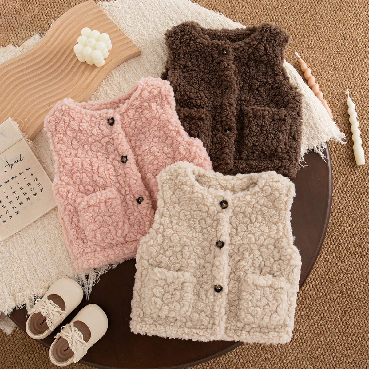 

Girls Autumn Winter Daily Warm Clothes Cute Cartoon Embroidery Button Plush Vest Baby Girl Solid Color Vest
