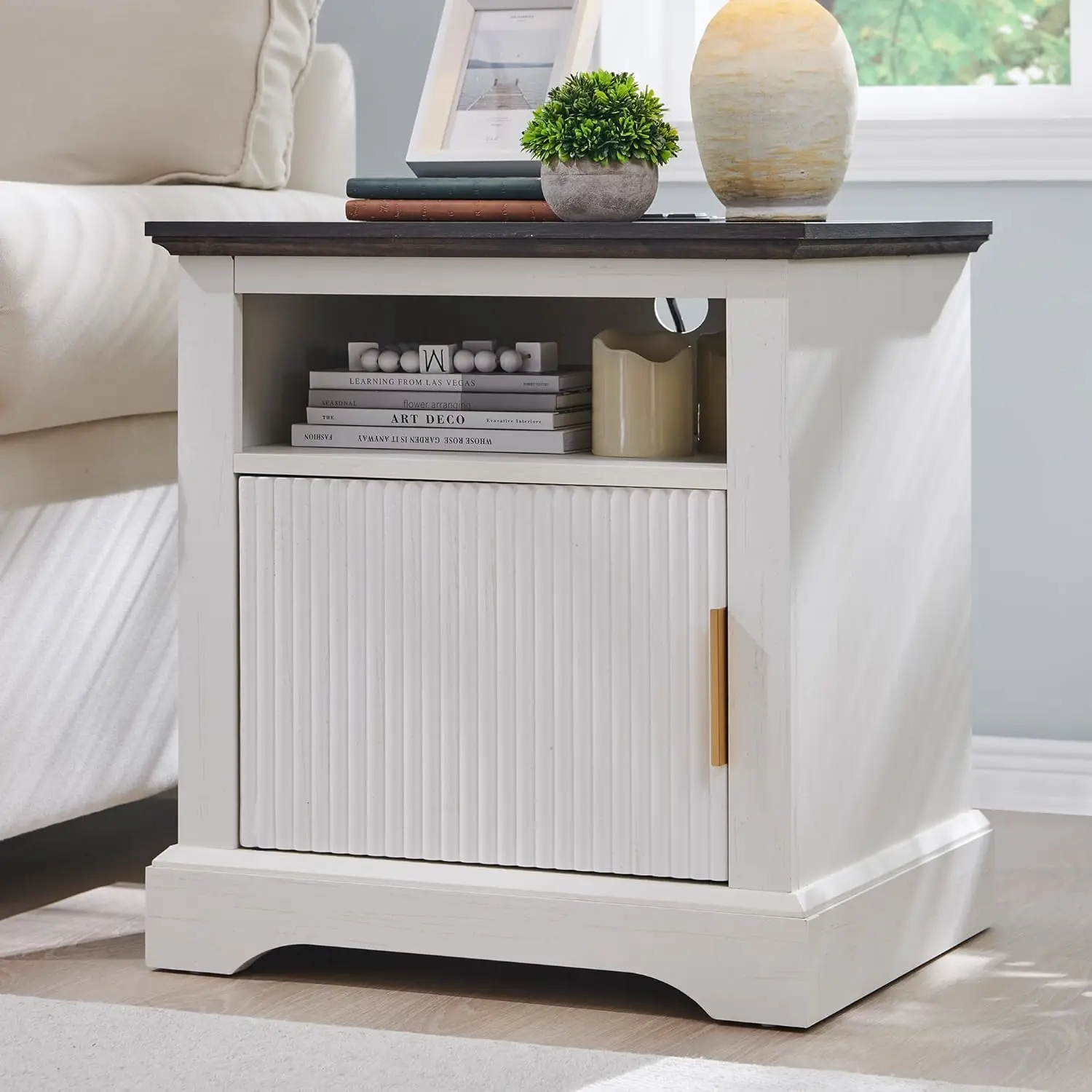 

Nightstand with Charging Station, 22" Large Modern Side Table, Wood End Table w/Open Shelf