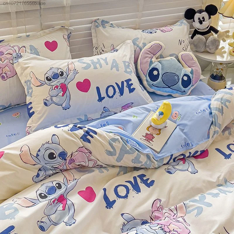 Disney Cartoon Stitch Home 4 Piece Set Lovely Washed Cotton Quilt Cover Sheet Pillowcases Student Dormitory 3 Piece Bedding Set