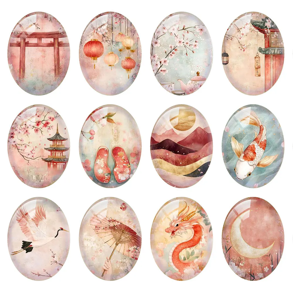 Random Mixed Round/Oval/Square Chinese Style Cherry Blossom Pink Photo Glass Cabochon Flatback Demo Cameo For Diy Jewelry Making