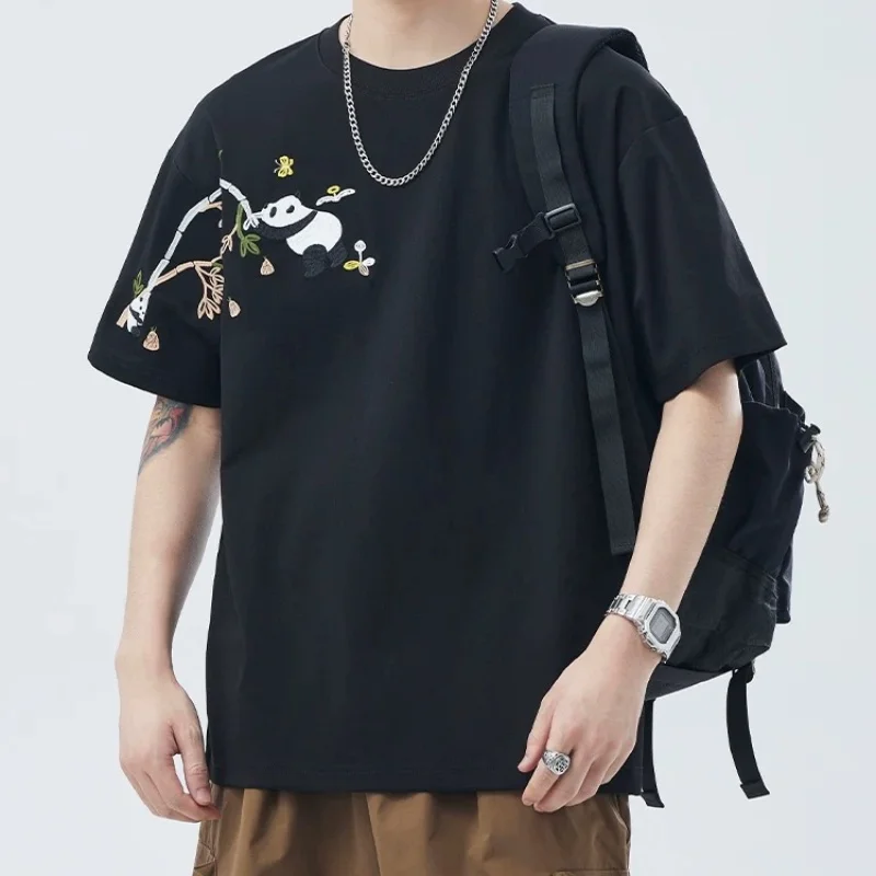 Y2K Hip Hop Street Fashion Korean Edition Oversize Unisex 2024 Summer Fashion New All Cotton Panda Pattern Short Sleeve T-shirt