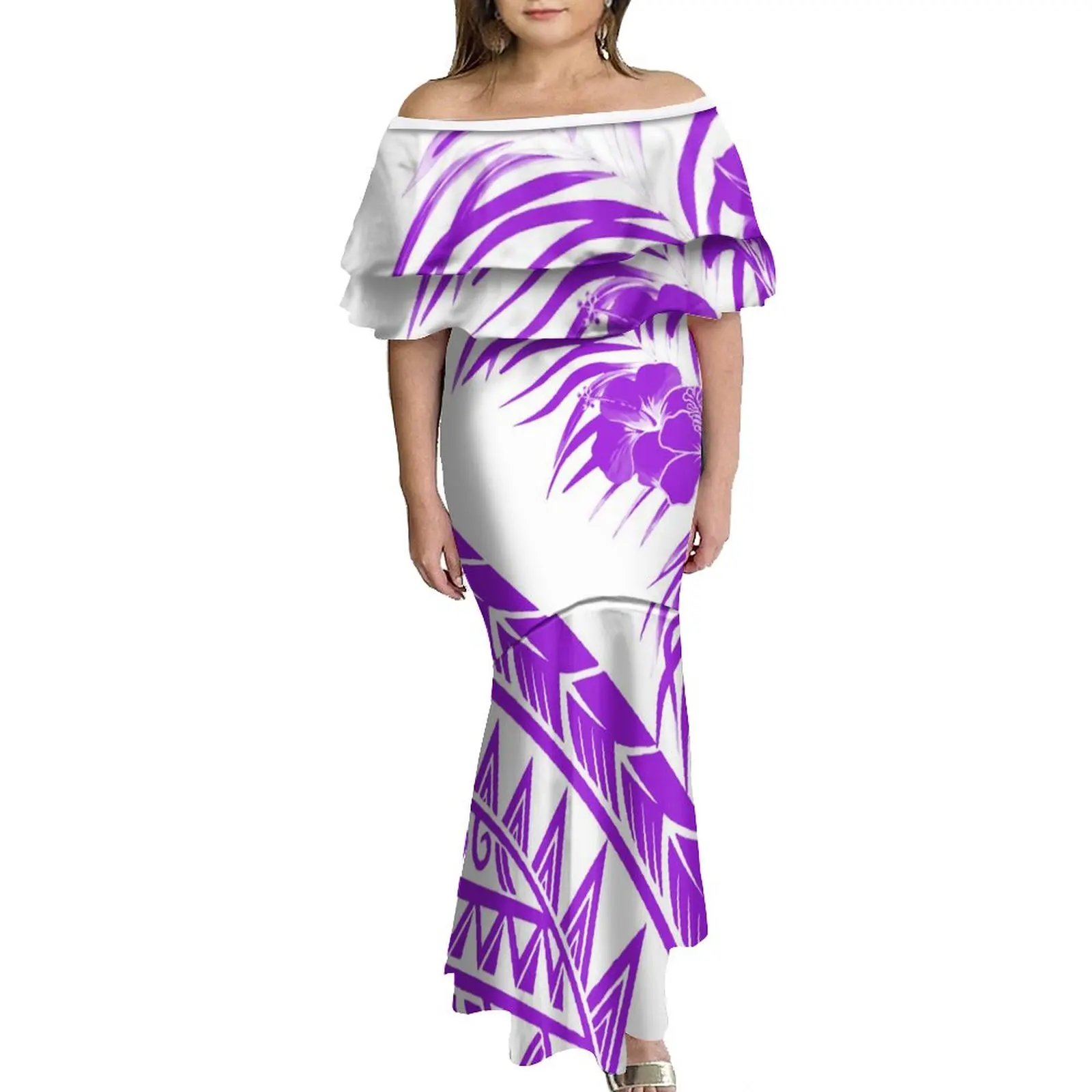 

Purple Off Shoulder Top Casual Short Sleeve Ruffle Blouses Custom Tapa Pattern Print Polynesian Women Tops