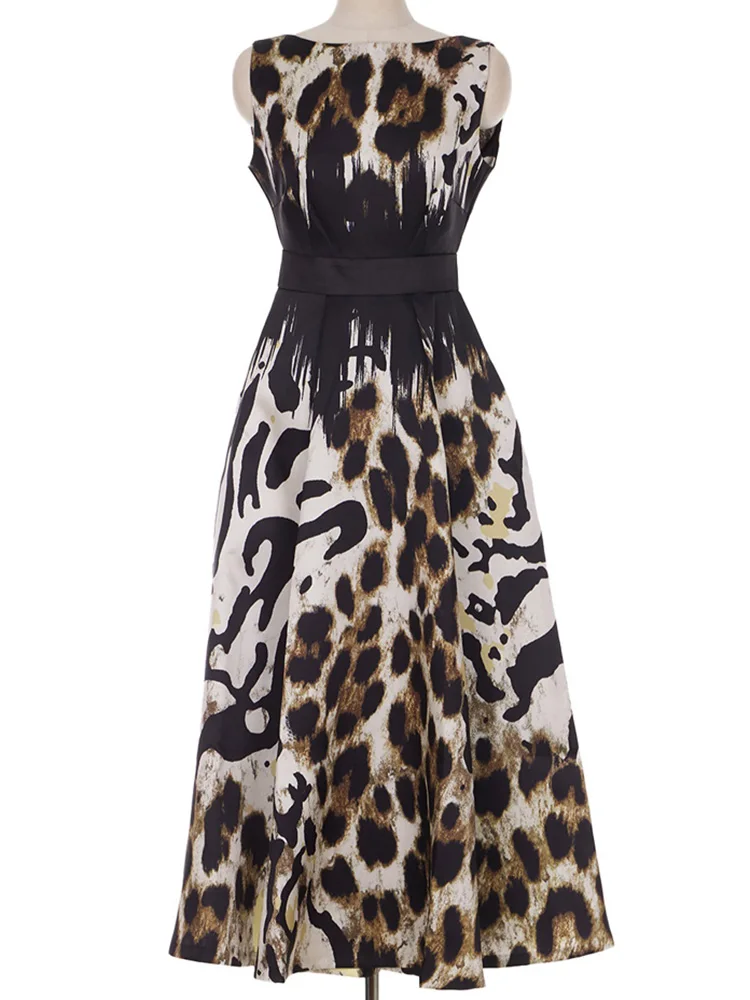 Vestido de fiesta elegante de verano con estampado de leopardo y cuello redondo, línea de cintura alta, espalda hueca, dobladillo inferior grande, vestido Retro para mujer