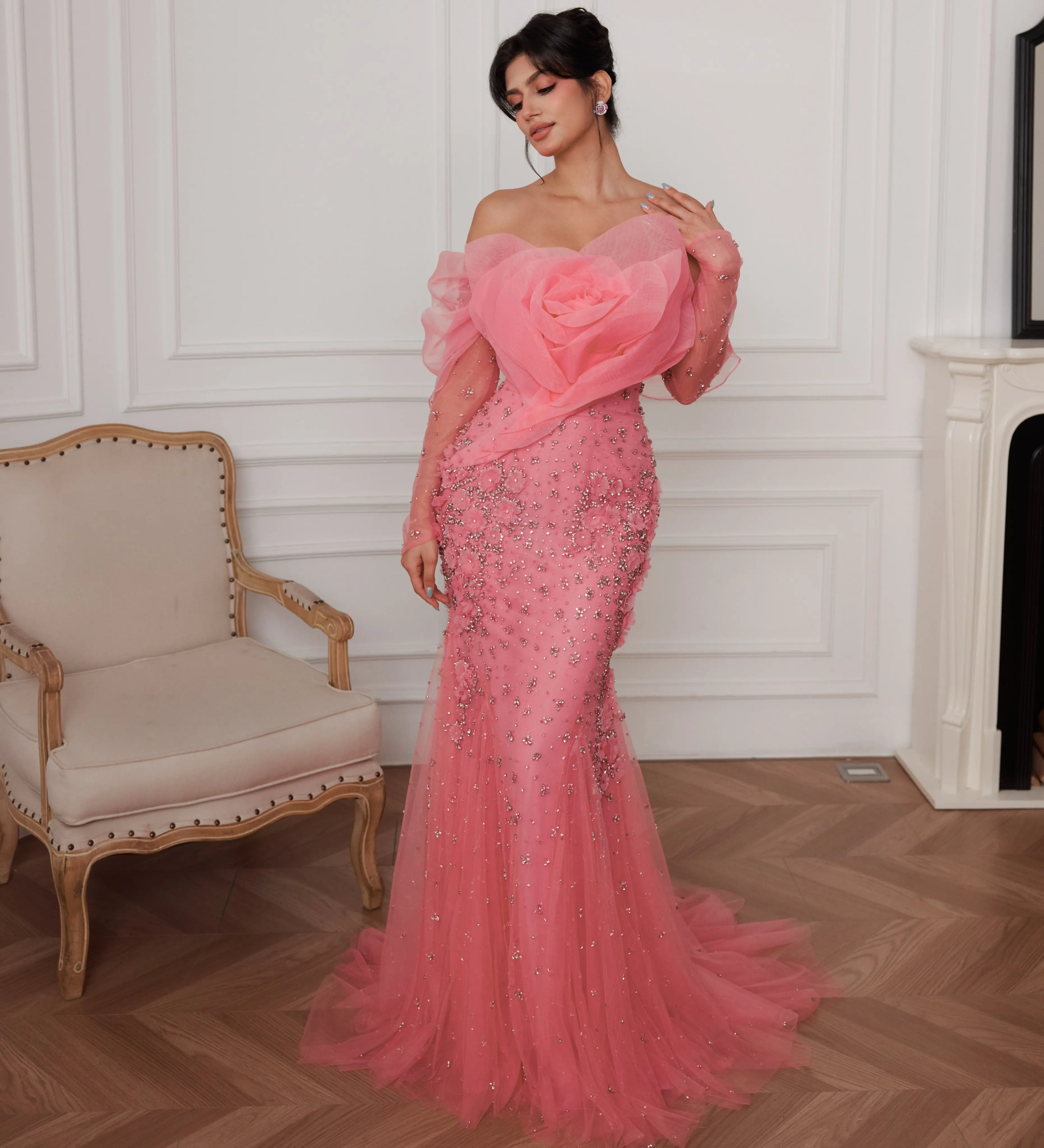 Customized Elegant Pink Mermaid Boat Neck Chest with Flowers Evening Dresses Full-Body Rhinestones Luxury Prom Party Gowns