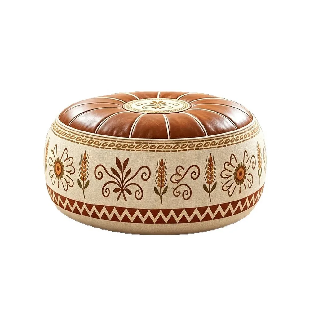 PU Leather Round Ottoman Stool Fillable Geometric Bird Pattern Storage Ottoman Pouf Round Shape Vintage Style Footstool Cover