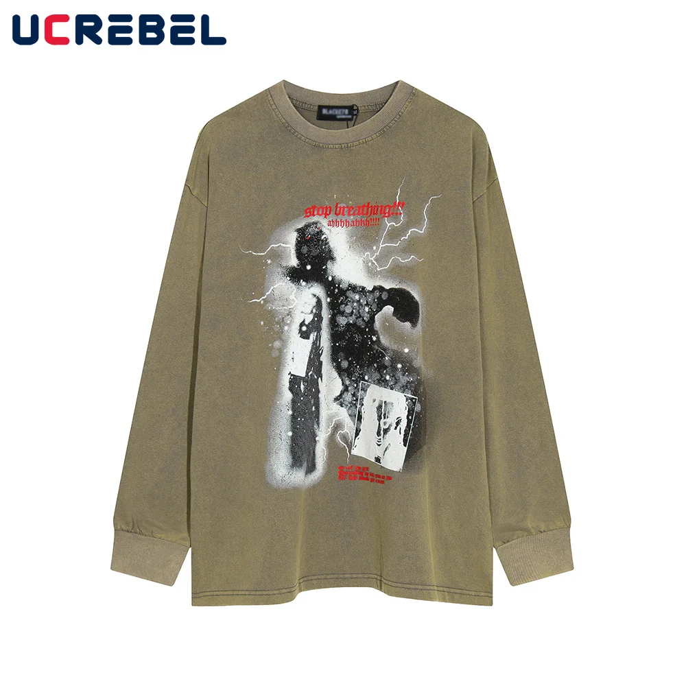 

Lightning Portrait Print Long Sleeve T-shirt Mens High Street Spring Distressed Crew Neck Loose Cotton Tee Men