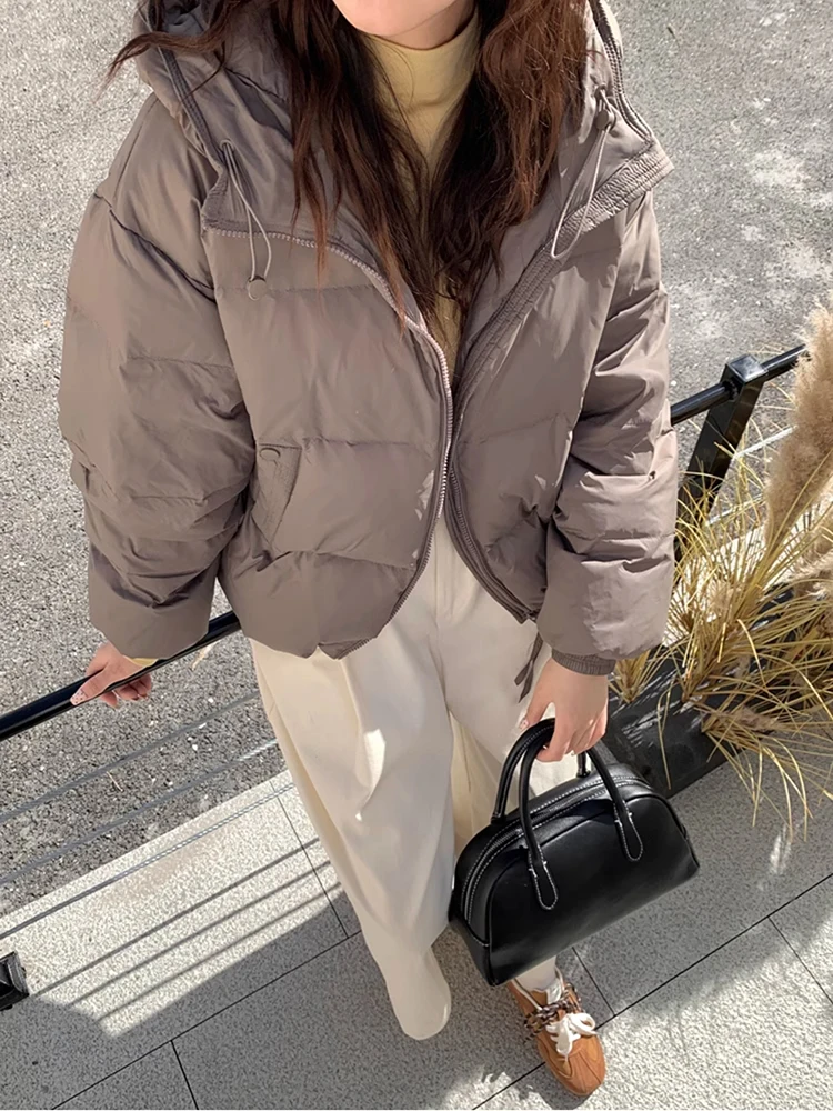 겨울 흰색 오리 다운 Drawstring Parker Outwears 여성 솔리드 후드 짧은 다운 재킷 여성 따뜻한 지퍼 퀼트 코튼 자켓