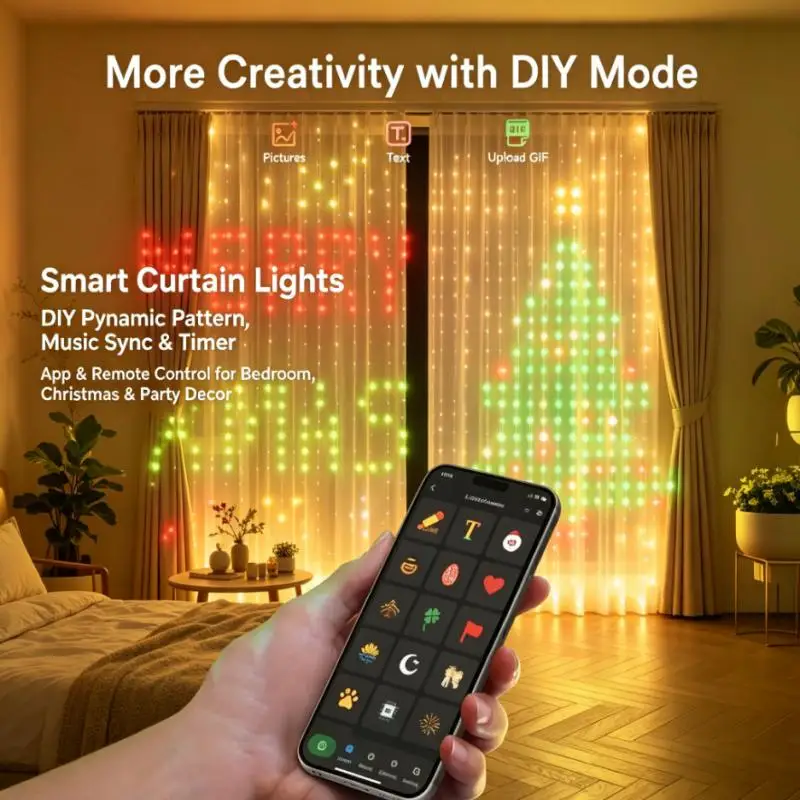 Smart Window Curtain Lights, RGB LED String Lights with App Control Music Sync DIY Patterns Timer for Christmas Party Decor