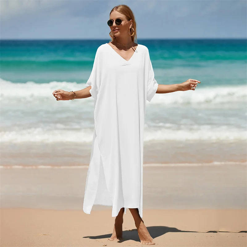 

Beachwear Women's Summer Bohemian Beach Cover-up Dress Casual Sun Protection Solid Color Cotton Crepe Bikini Swimwear Long Robe