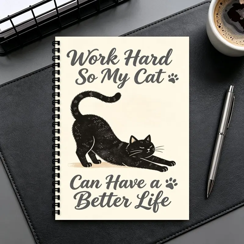 A5 Spiral Notebook,Black Cat Slogan Pattern Daily Planner Office Stationery Suitable for Work Study Birthday Back School Supplie