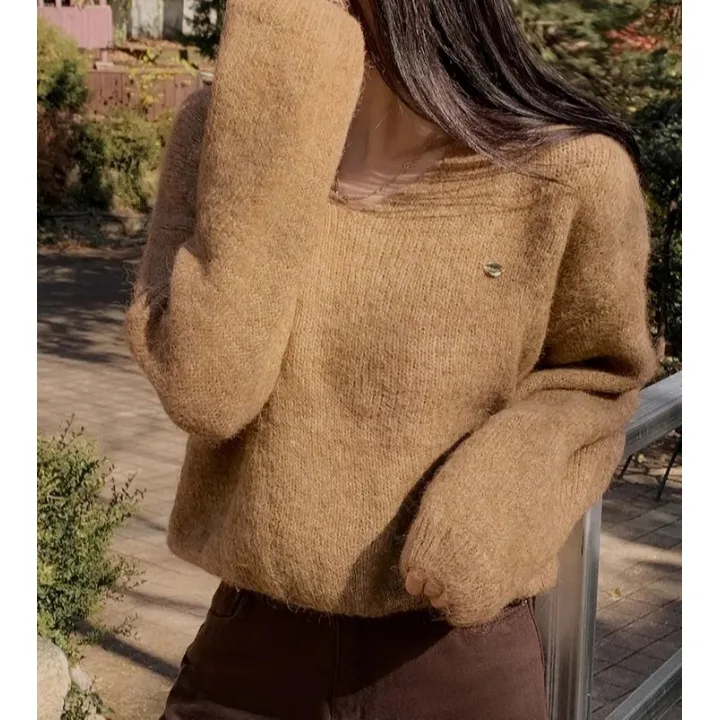 أنيقة فضفاضة V-Ne محبوك سترة المرأة البني رقيق عادية الخريف الشتاء Faion بسيط كسول Sle الأعلى تخفيف ودية