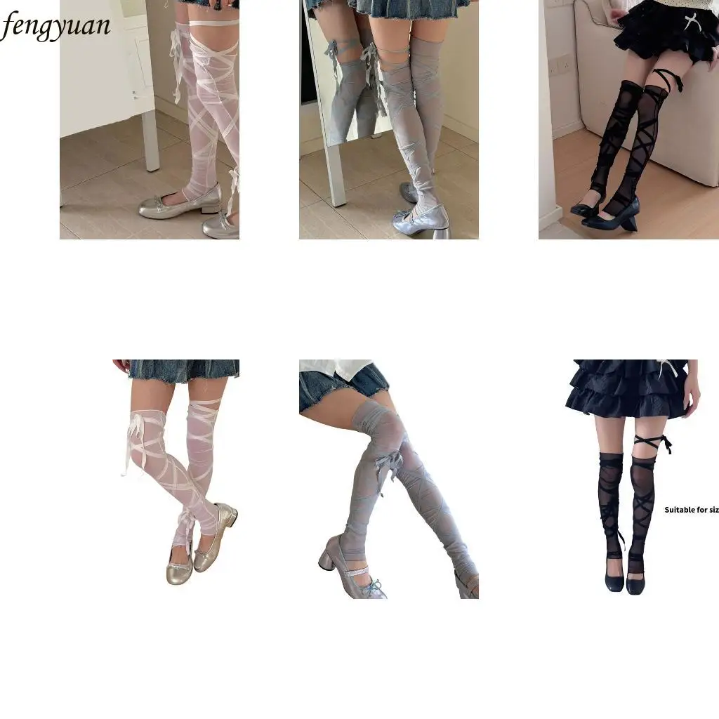 

B2QE Ballet Sheer Thigh High Leg Warmers with Ribbon Tie Fashionable Lace Up Mesh Leg Covers Long Socks for Women Girls