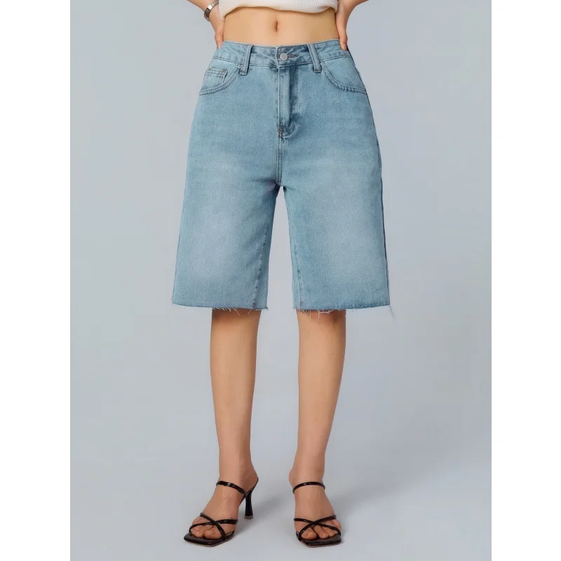 

Women's High Waist Denim Shorts Frayed Hem Straight Leg Knee Length Jeans Minimalist Daily Versatile Casual Summer Shorts