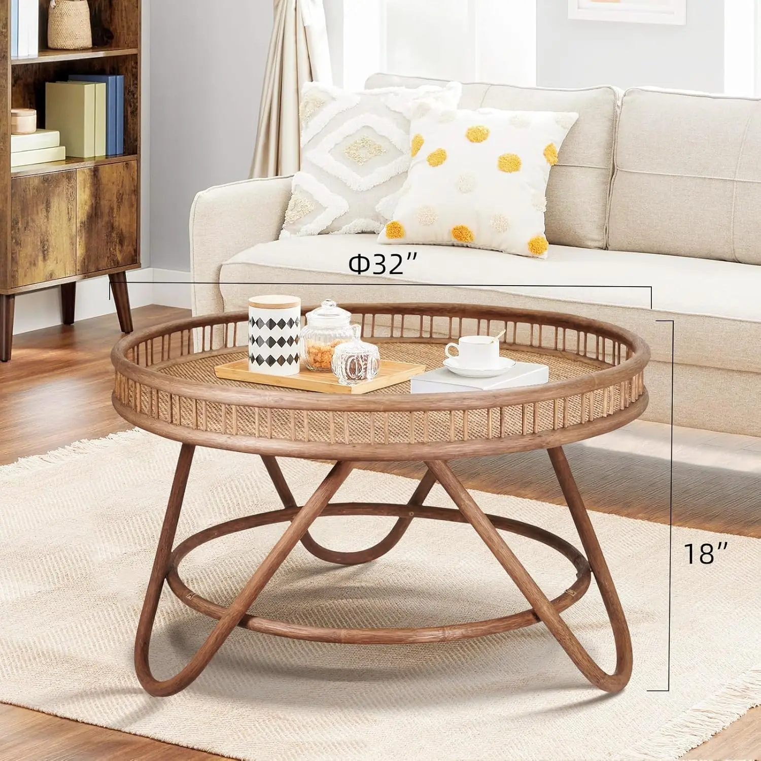 Boho Rattan Coffee Table Round, Handwoven Modern Style Round Wicker Coffee Table for Living Room,32x18 '' Brown