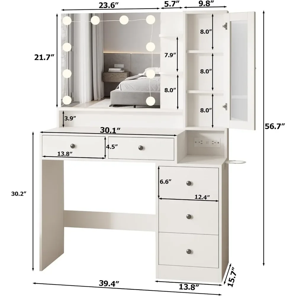 Makeup Vanity Desk with Mirror and Lights,Vanity Table with Power Strip and Lighted Mirror,Large Makeup Table with 5 Drawe