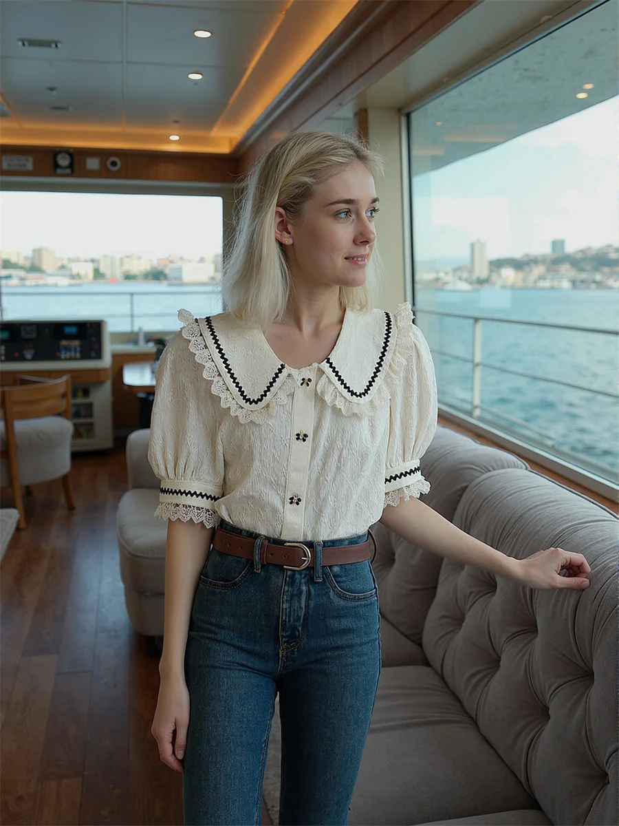 لطيف الدانتيل قمصان الفتيات البلوزات الملابس للنساء الخريف أنيقة خفيفة الوزن تجفيف الرباط المطبوعة الحافة الأساسية جودة الكرتون