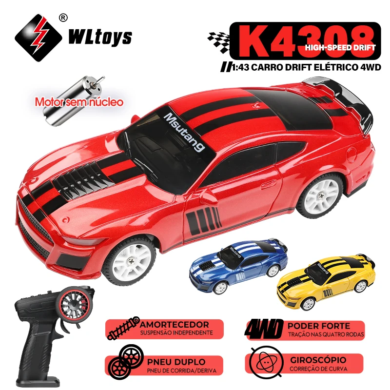 Wltoys k4308 1:43 2.4g rc drift carro de corrida com luzes led 4wd giroscópio alta velocidade rtr carro de controle remoto brinquedo para o presente do miúdo